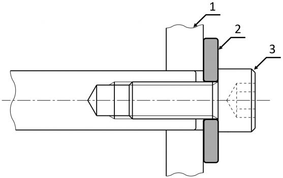 Arandela de precarga en una conexión atornillada: (1) Placa, (2) Disco metálico, (3) Tornillo – cabeza hexagonal interna