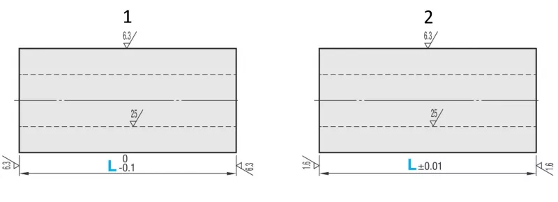 Opciones de diseño para un ejemplo de manguito separador: (1) Versión estándar, (2) Versión de precisión