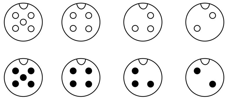 Example illustration - M12 connector A-coded, 5-, 4-, 3-, and 2-pole; socket (female) top, plug (male) bottom